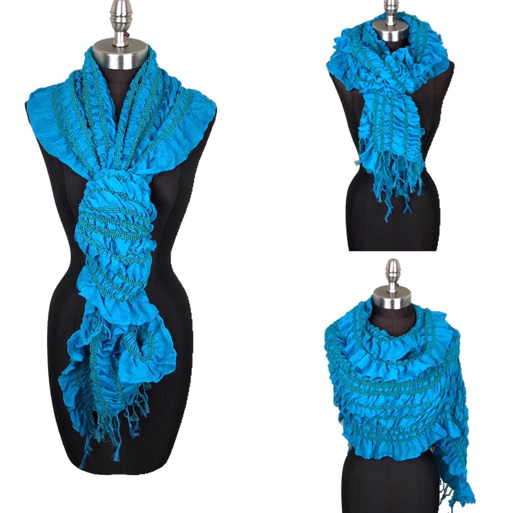 Blue Ruffle Fringe Scarf Large Wrap NWT QVC